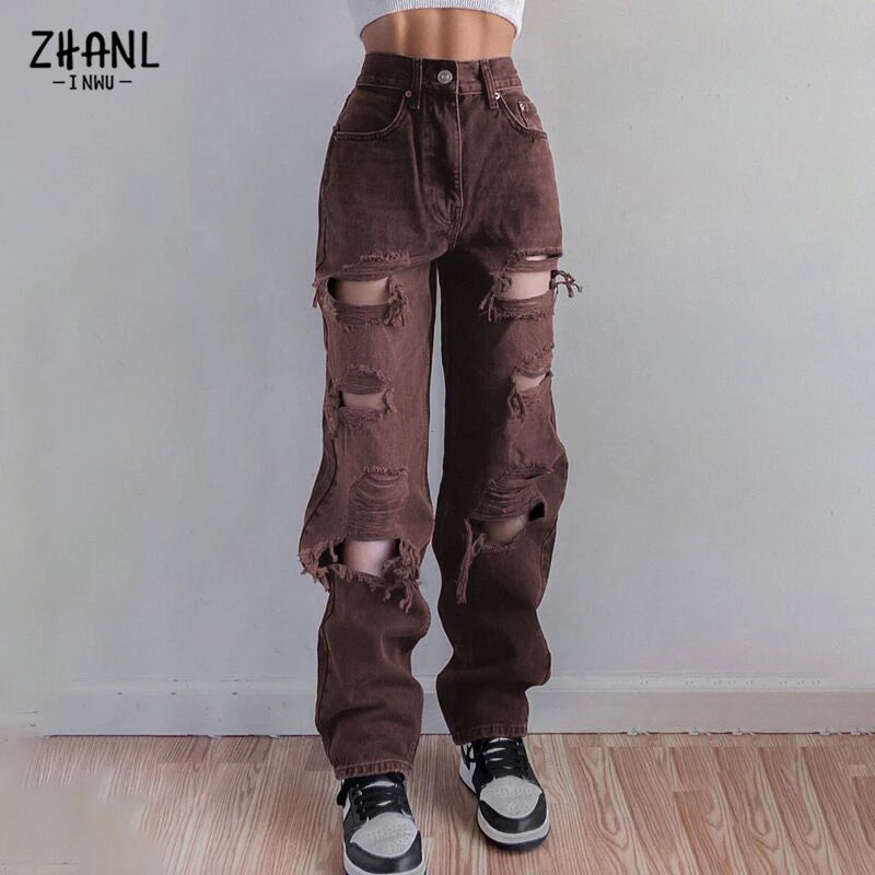 Black Ripped High Waist Jeans for women Vintage Clothes y2k Fashion Straight Denim Trousers Streetwear Hole Hip Hop Pant jeans