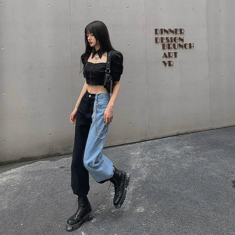 The new black and blue stitching contrast color high-waisted button slit jeans women's all-match tall and thin straight pants