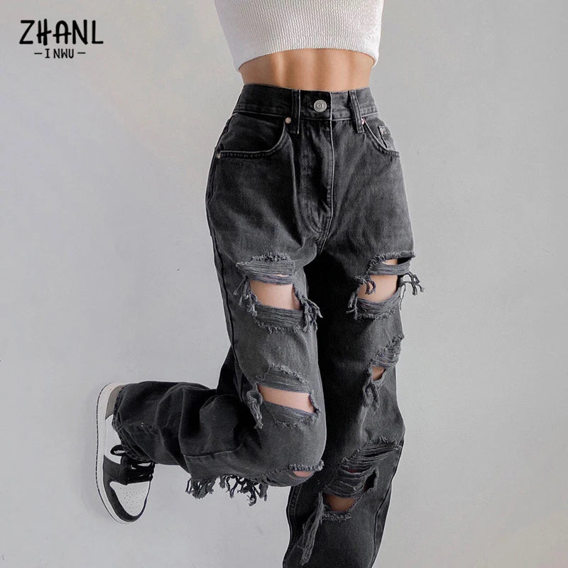 Black Ripped High Waist Jeans for women Vintage Clothes y2k Fashion Straight Denim Trousers Streetwear Hole Hip Hop Pant jeans