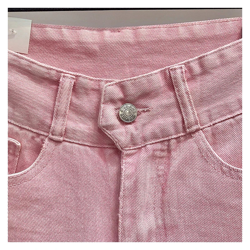 Female Fashion Casual Summer Cool Basic Denim Shorts Women Korean Casual High Waist  Tassels Ripped Holes Pink Jeans Shorts