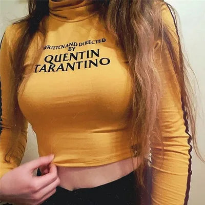 Fashion Quentin Tarantino Sexy Crop Tops Women Side Stripe Long Sleeve Turtleneck Cotton Knitted Short tshirt Lady