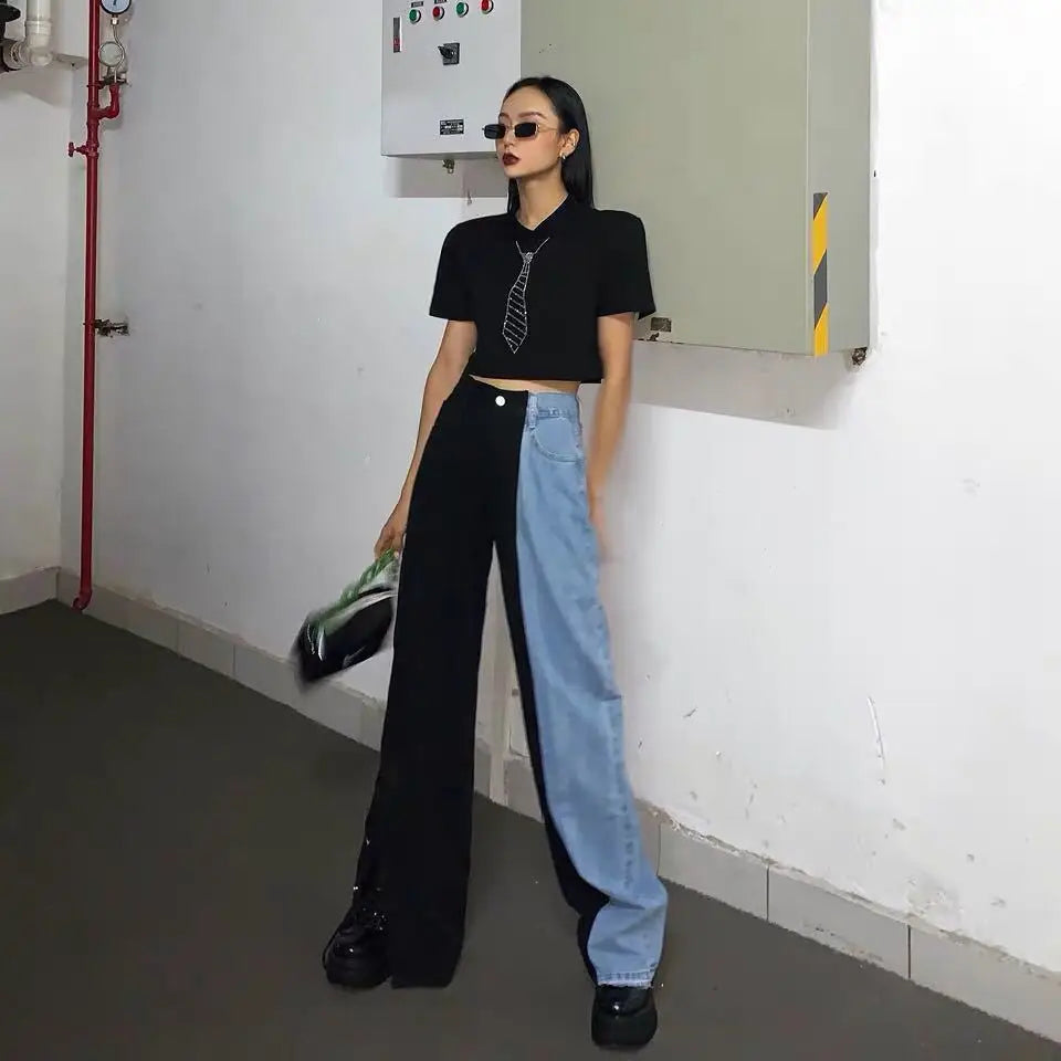 The new black and blue stitching contrast color high-waisted button slit jeans women's all-match tall and thin straight pants