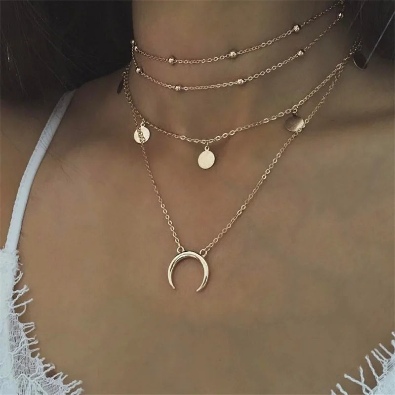 Vintage Bohemia Coin letter Layered Chain Necklace For Women Shell Pearl Moon Long Choker Collar Pendant butterfly Necklace