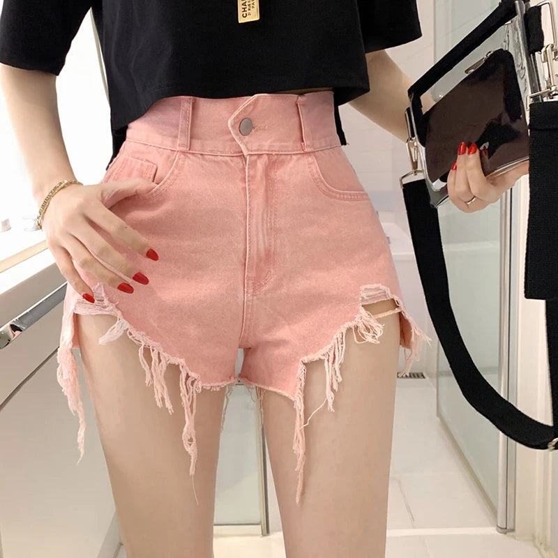 Female Fashion Casual Summer Cool Basic Denim Shorts Women Korean Casual High Waist  Tassels Ripped Holes Pink Jeans Shorts