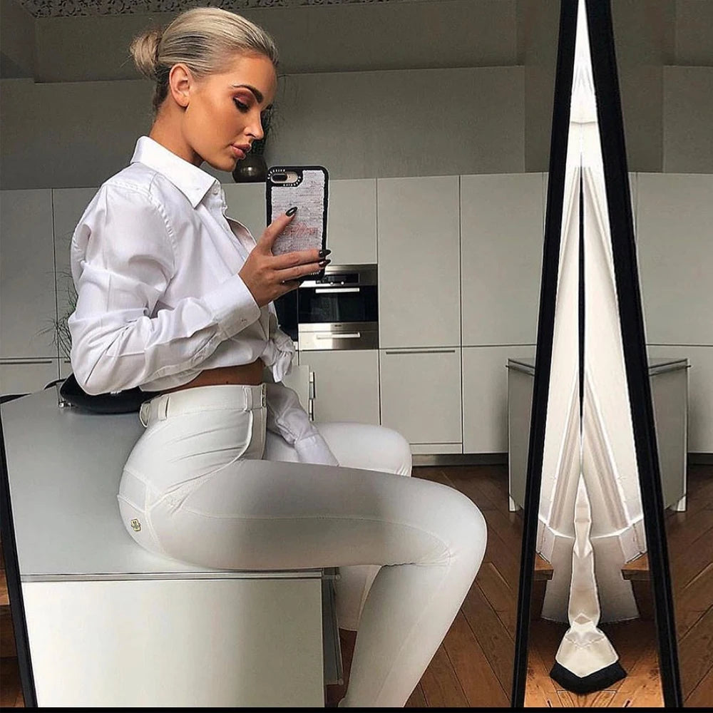 Shascullfites Melody Women Jeans Fashion White Elastic Push Up Sexy Slim Coated Faux Leather Pencil Pants Skinny Lady Trousers