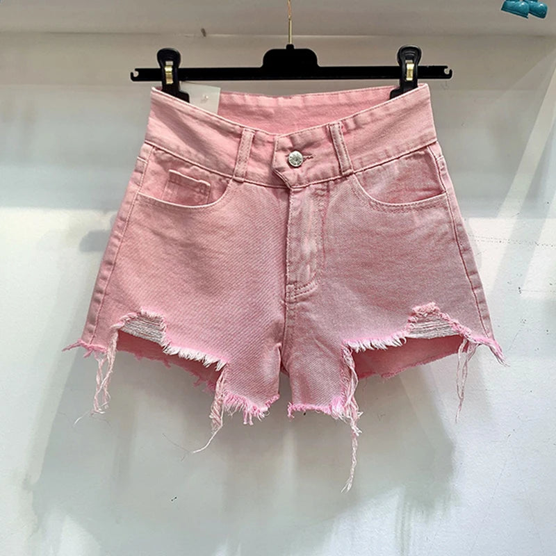 Female Fashion Casual Summer Cool Basic Denim Shorts Women Korean Casual High Waist  Tassels Ripped Holes Pink Jeans Shorts