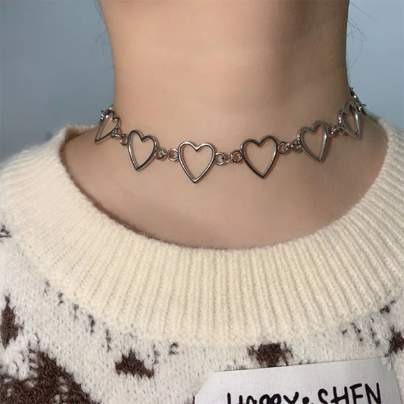 New Hollow Korean Sweet Love Heart Choker Necklace Statement Girlfriend Gift Cute Bicolor Necklace Jewelry Collier Femme 2023