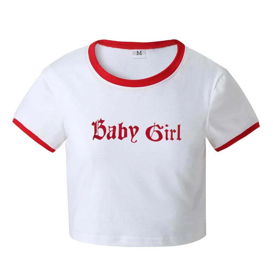 Summer Women T-shirt Letter Baby Girl White Crop Top Tee