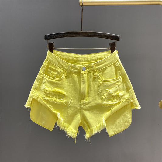 Fluorescent Yellow Summer Wear Niche Style Worn Denim Shorts