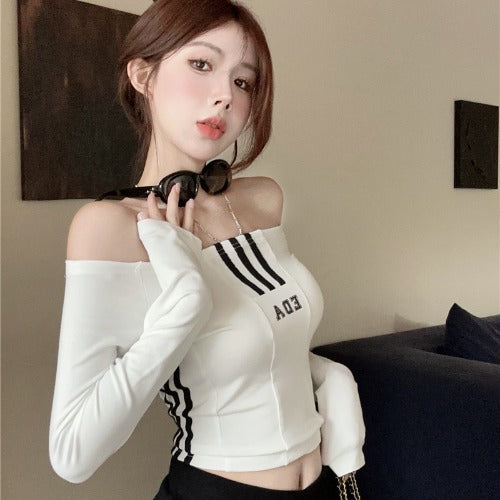 Hot American off-Shoulder T-Shirt Tops Female Fall Slim Fit Stylish Niche Style Short Bottoming Shirt 2025 New Arrival