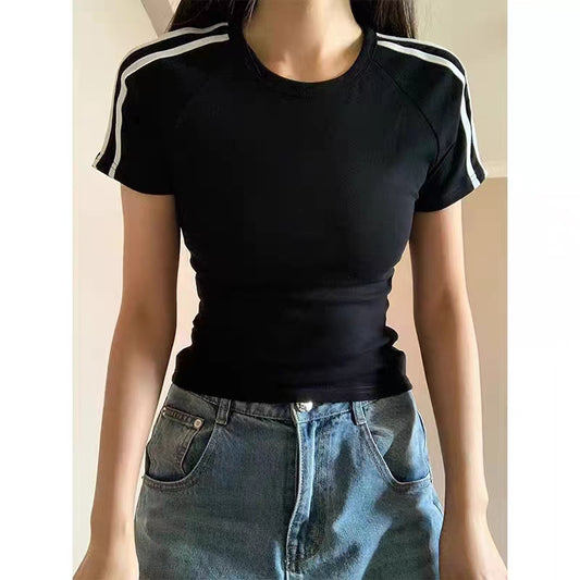 American Retro Stripes Shoulder Short Sleeve T-Shirt Women's Summer Stylish Niche Style Unique Chic Slim-Fit Crop-Top