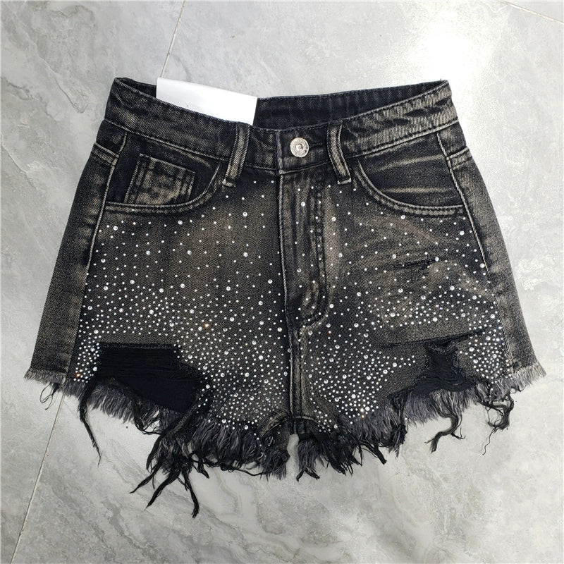 Fashion Sexy Ripped Raw Hem Jeans Female 24 Summer New Arrival High Waist Hot Pants Tassel Hot Drilling Stylish Super Short Shorts