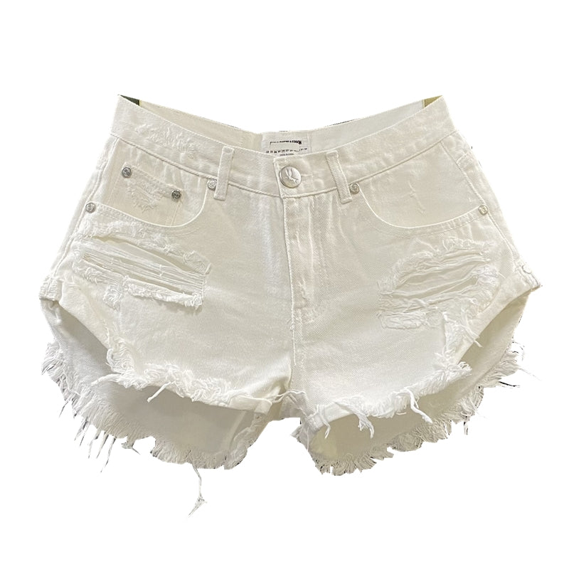 European Goods White for Summer Casual A- line Denim Shorts