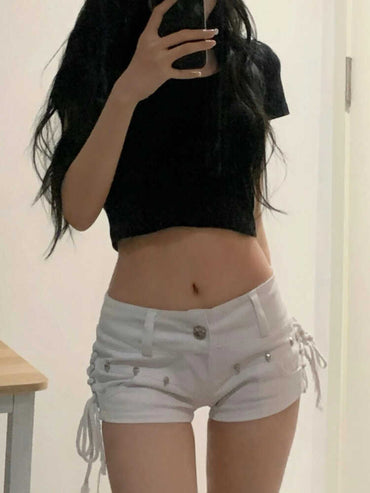 Estilo da moda Y2g Retro Rebite Elegante Alça Jeans Super Shorts Feminino Cintura Baixa Sexy Slim Olhando Hot Hip Calças