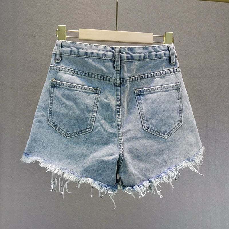 Estação Europeia Solta Cintura Alta Lantejoulas Denim Shorts Verão Wear