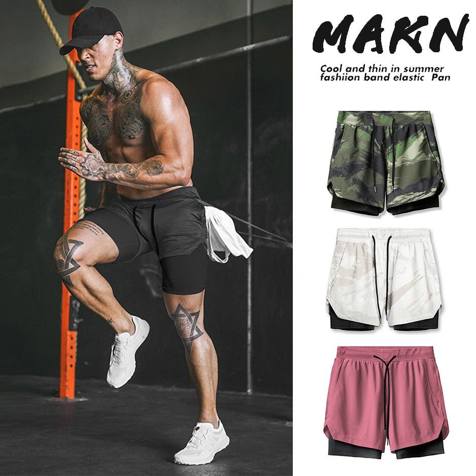 Makn Men's Double Layer Basketball Running Squat Exercise Shorts