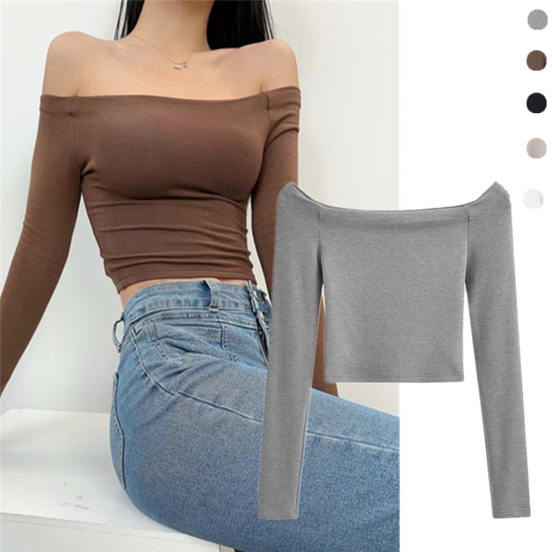 Sweet Sexy Sexy off-the-Shoulder Cashmere Fleece-lined Long Sleeves Pure Desire T-shirt Silm Slimming Inner Pure Color Bottoming Shirt Ins