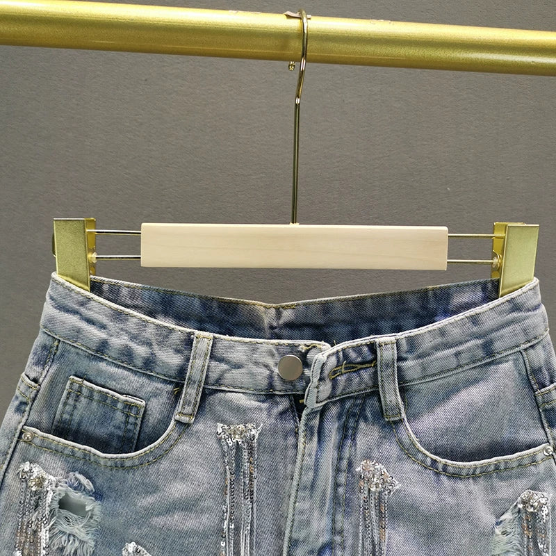 Estação Europeia Solta Cintura Alta Lantejoulas Denim Shorts Verão Wear