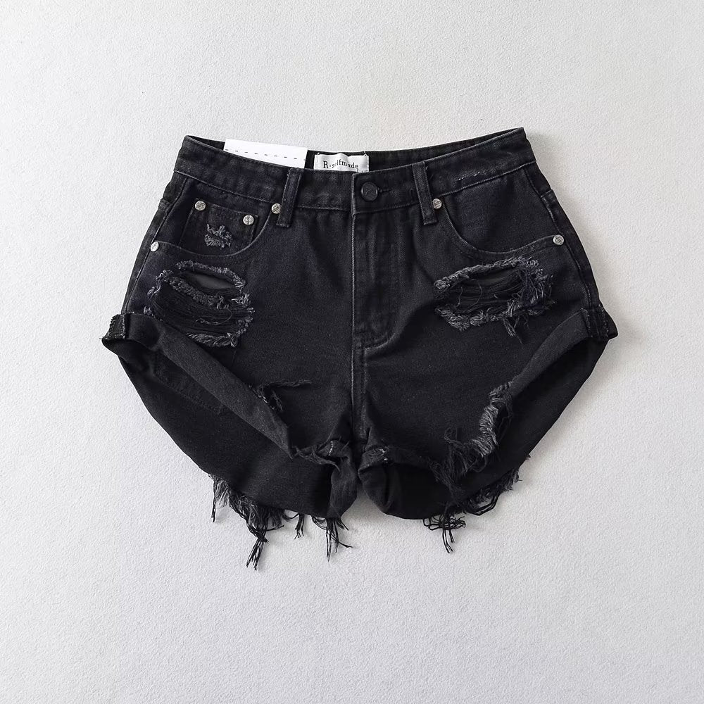 Xiaoguzi Street Raw Hem High Waist Casual Denim Shorts