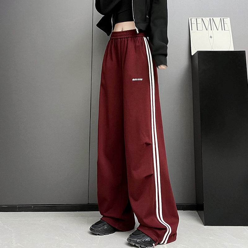 Ankela Red American Style Hip Hop Jazz Dance Sports Velvet Sweatpants Female High Waist Ankle-Tied Wide Leg Leisure Student Trousers