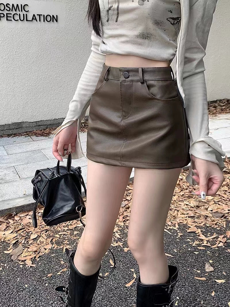 Black PU Leather Sexy Skirt for Women Spring & Fall 2025 New Arrival Plus Size Plus Size Ladies High Waist Slim Looking Sheath A- line Skirt