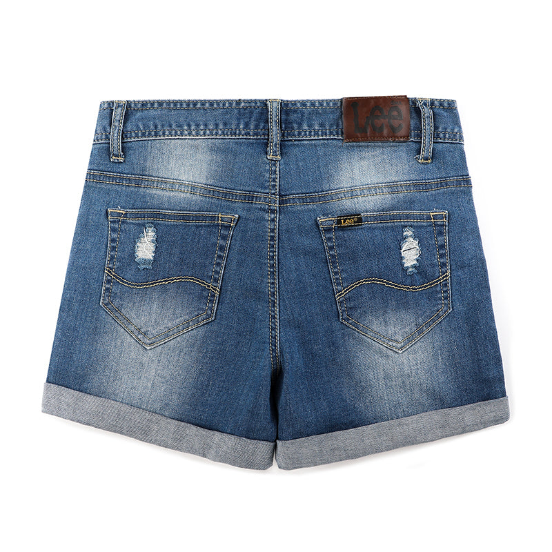 Blue Mid-High Waist Ripped Classic Denim Shorts for Summer