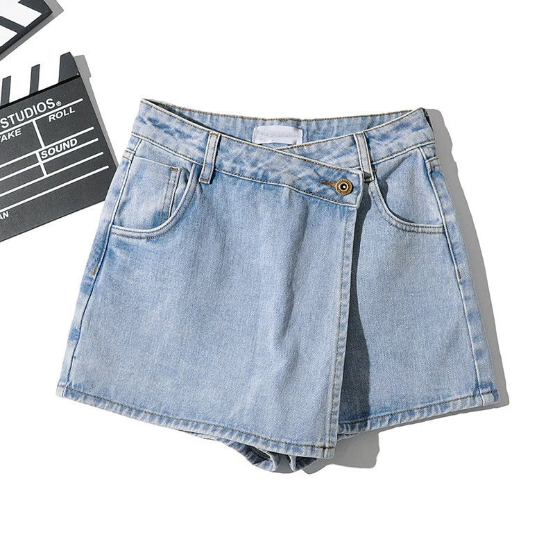 Anti-Aging Fashion Asymmetrical Fake Two-Piece Denim Shorts