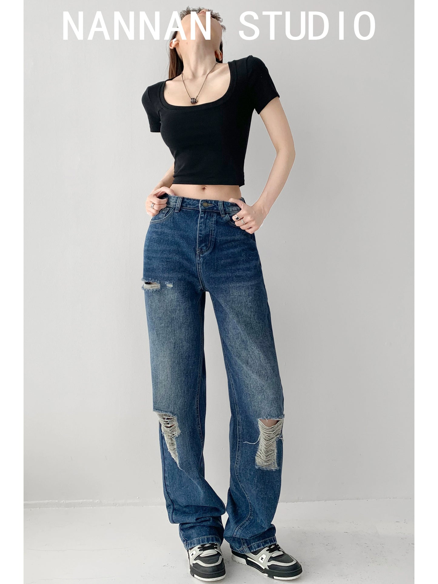 Jeans confortável retrô lavado feminino verão tendência