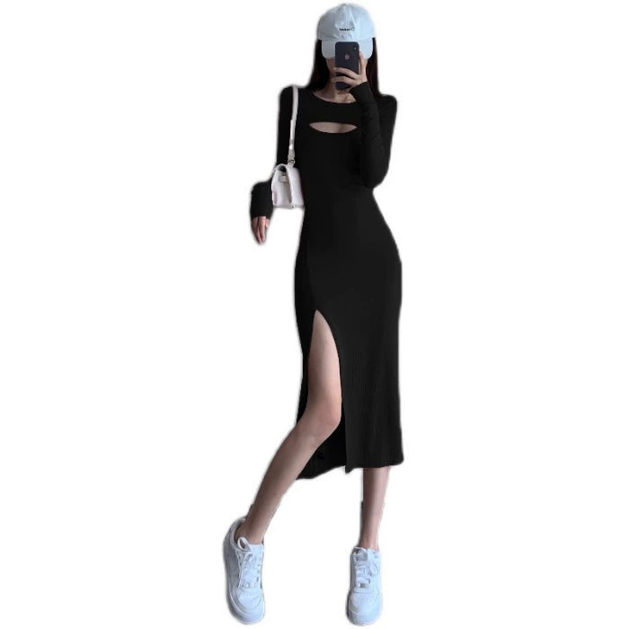 Cut Out round Neck Slim-Fit Annual Party Dress Long Sleeve Dress