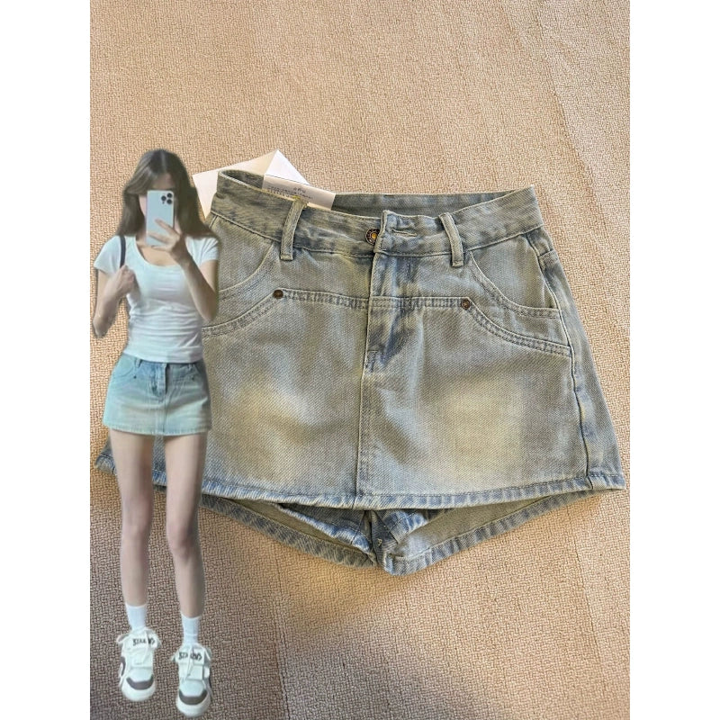 Sexy Vintage Denim Skirt Pantskirt Female Spring & Fall New Arrival A- line High Waist Small Fashion Tape Versatile Skirt