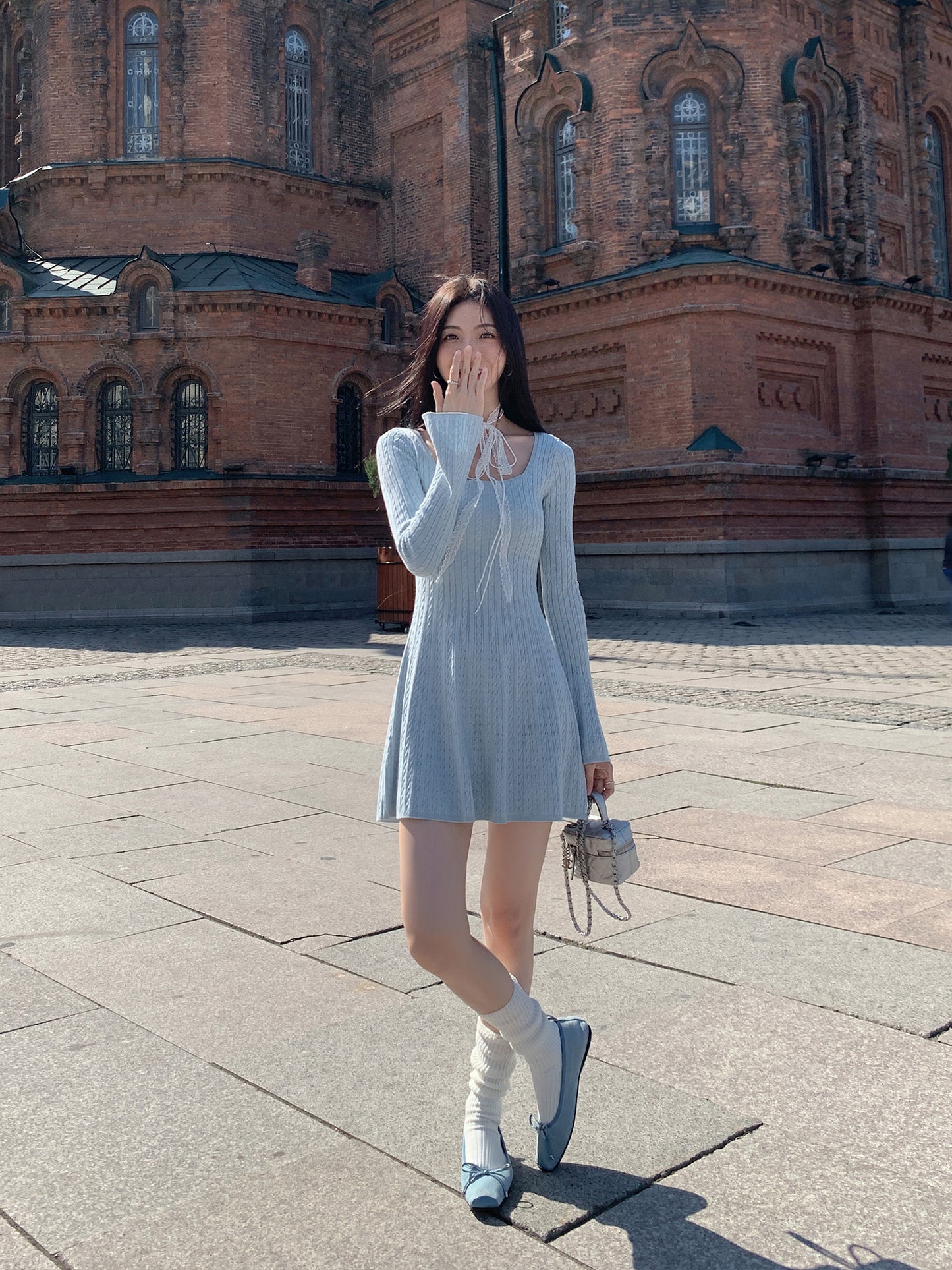 Mulvan French U-Collar Knitting Dress Female Fall and Winter Small Waist-Controlled Slimming Long Sleeve Cable Stitch A- line Short Skirt