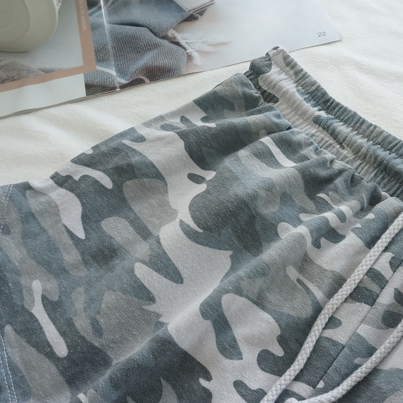 Elastic Waist Casual Wide Leg Running Camouflage Terry Shorts