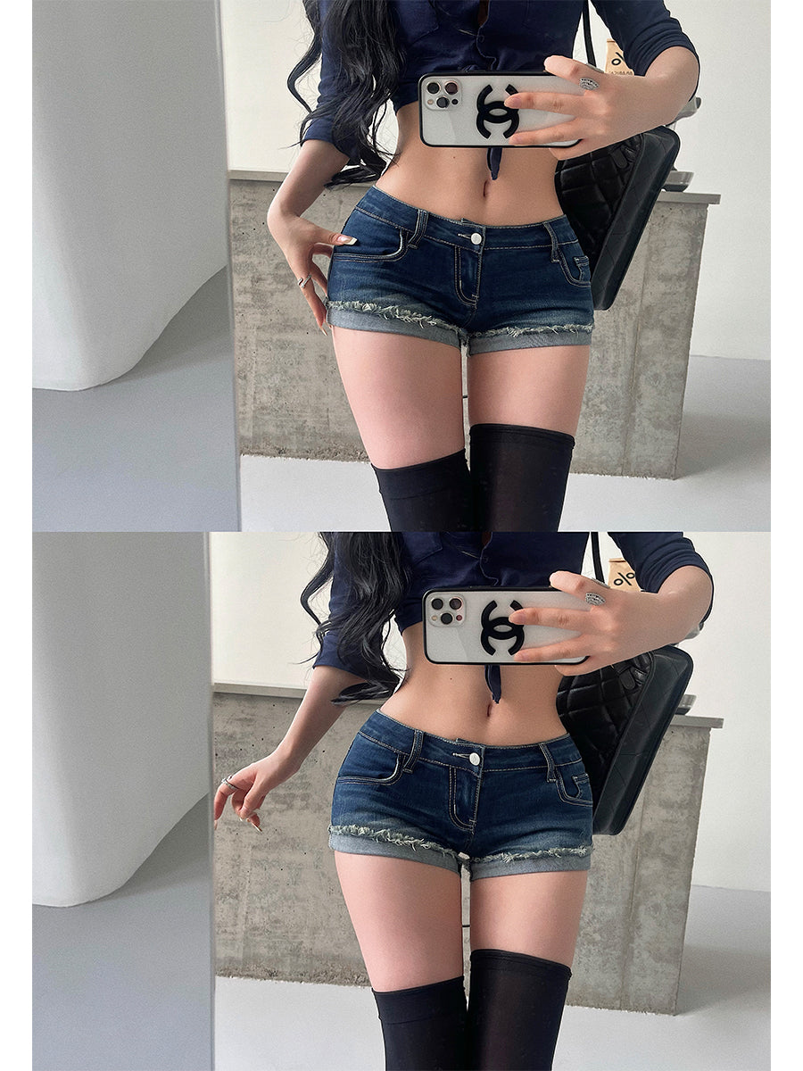 Younggirlday Han Man Sexy Low Waist Tight Sheath Raw Edge Curling Slim Fit Demin shorts Hot Pants Women