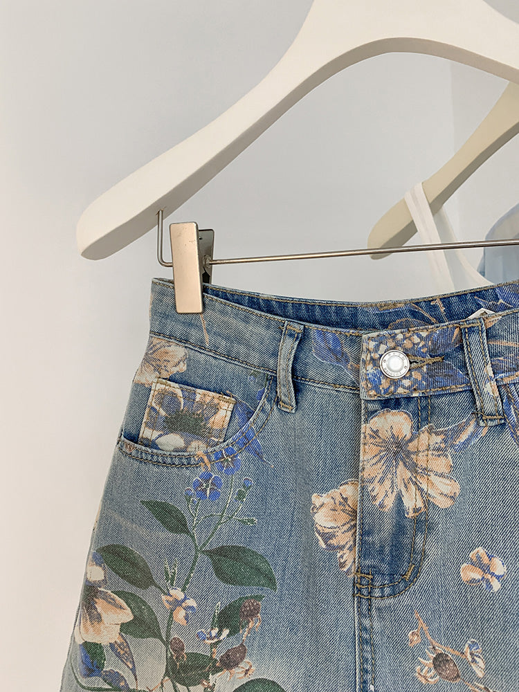 Guofeng Retro Print High Waist A- line Denim Shorts