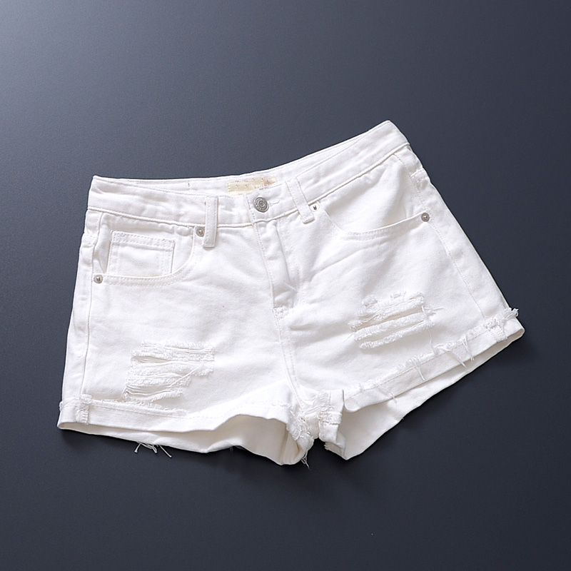 European Style Korean Style Mid Waist White Frayed Hemming Denim Shorts