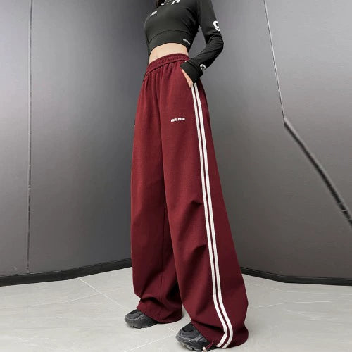 Ankela Red American Style Hip Hop Jazz Dance Sports Velvet Sweatpants Female High Waist Ankle-Tied Wide Leg Leisure Student Trousers