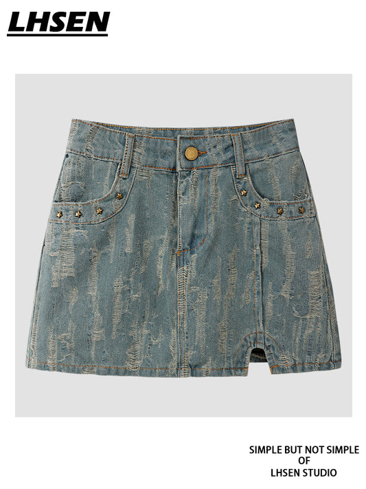 Lhsen Retro Jacquard Denim Skirt Women 2024 Summer New Arrival Sexy Split A- line Hip-Wrapped Skirt