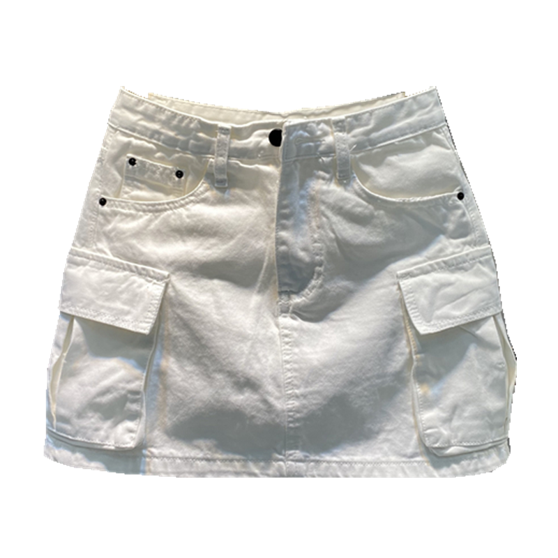 Summer Korean Style Large Pocket Anti-Wardrobe Malfunction White Denim Skirt