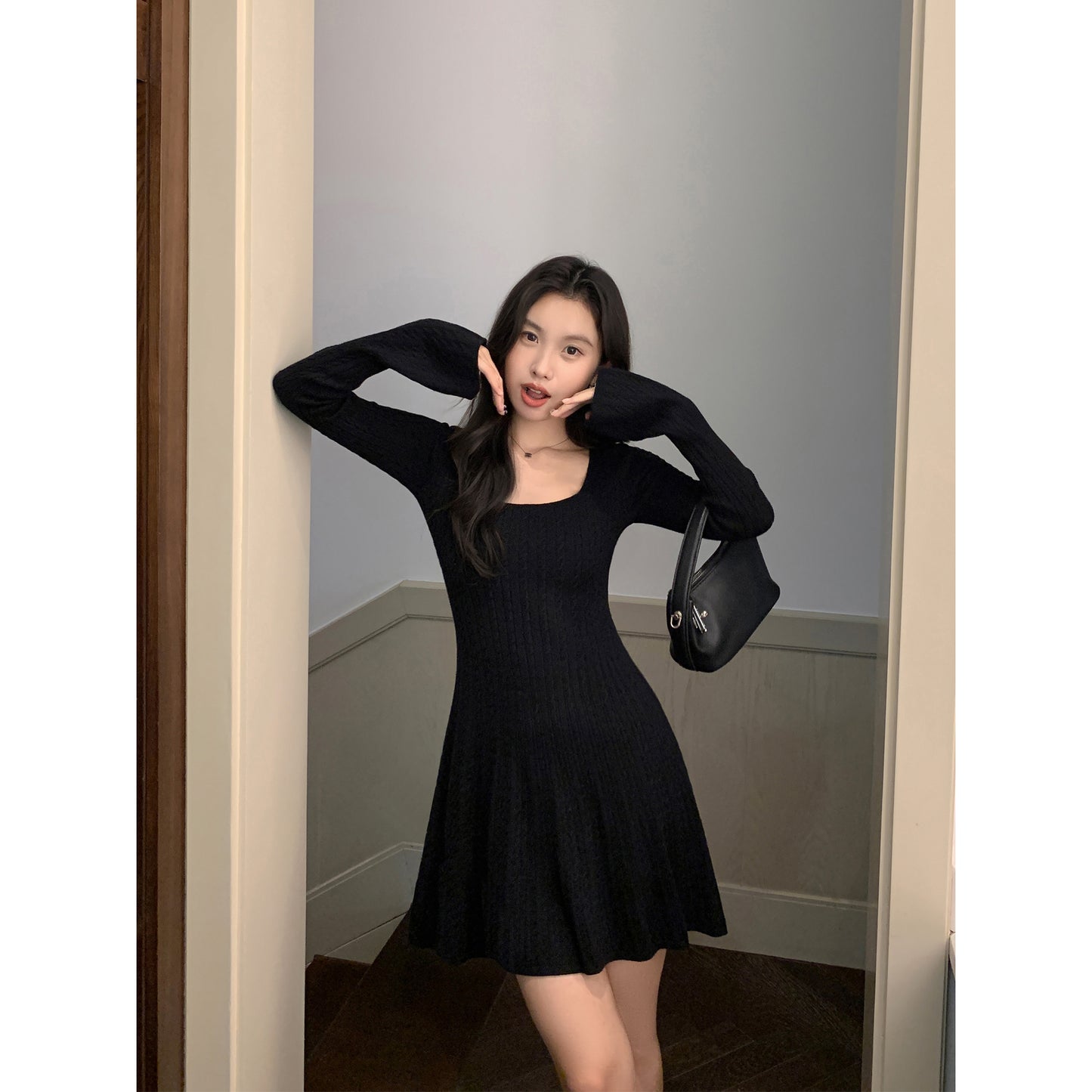 Mulvan French U-Collar Knitting Dress Female Fall and Winter Small Waist-Controlled Slimming Long Sleeve Cable Stitch A- line Short Skirt