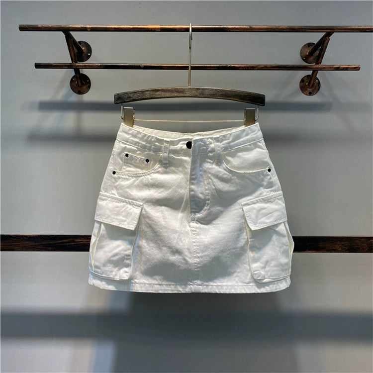 Summer Korean Style Large Pocket Anti-Wardrobe Malfunction White Denim Skirt