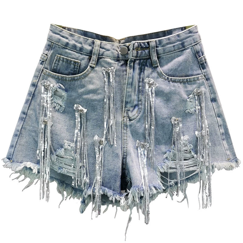 Estação Europeia Solta Cintura Alta Lantejoulas Denim Shorts Verão Wear