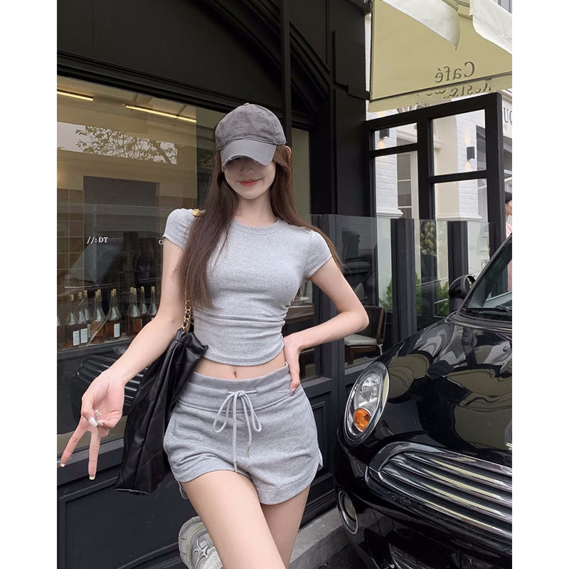 Sexy White Irregular Crew Neck Shoulder Short-Sleeved T-shirt Women's Summer Close-Fitting and Slim-Fitting Short Crop Top Pure Desire Tops