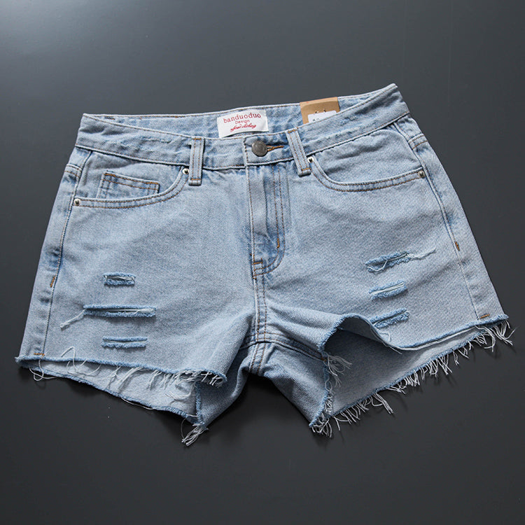 European K-style Tassel Mid-Waist White Hole Denim Shorts