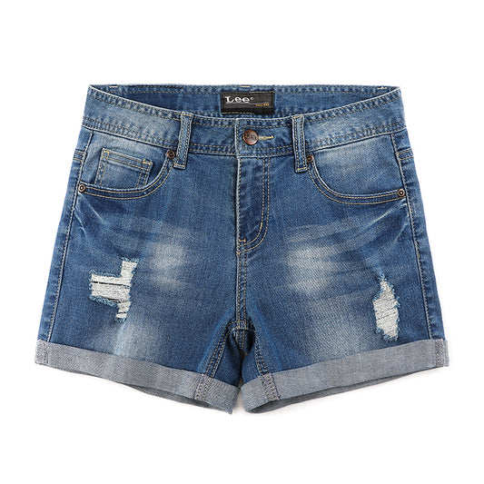 Blue Mid-High Waist Ripped Classic Denim Shorts for Summer