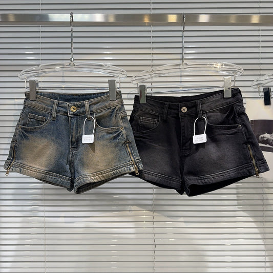 Internet Celebrity Non-Mainstream Style Zipper Washing Water Three Points Denim Shorts