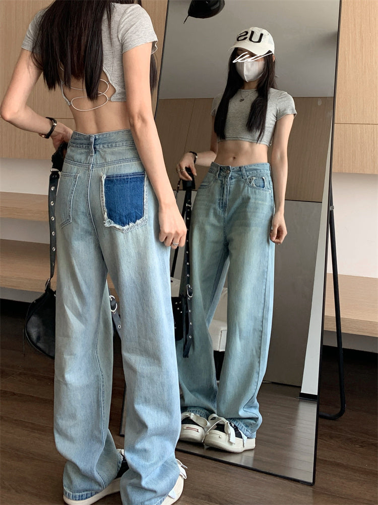 Summer Thin Contrast Color American High Street Mop Jeans