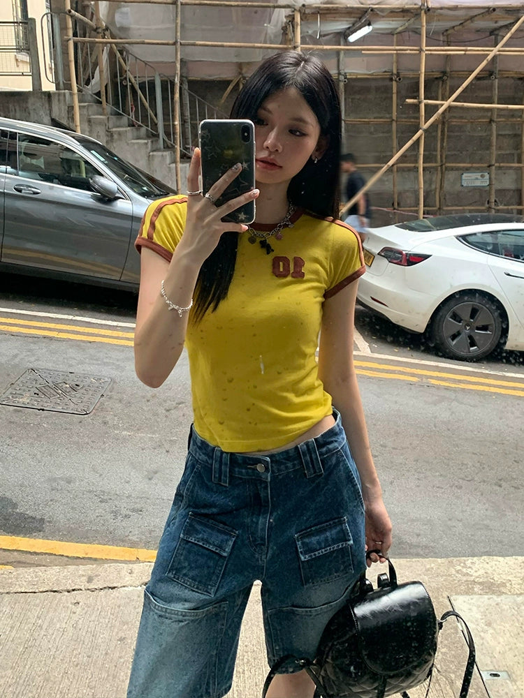 Yellow Short Sleeve Women's Summer New Arrival Color Contrast Patchwork Fashionable T-shirt American Retro Silm Slim Looking Sexy Tops