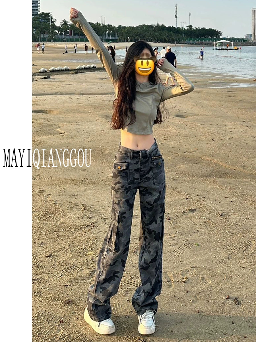 Long Camouflage Sexy High Waist Loose Wide Legs Cargo Pants