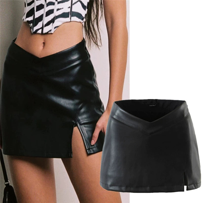 Retro PU Leather V Neck Low Waist Fashion Tape Little Short Dress Small Slim Looking Versatile Hip Skirt (with Safety Pants)