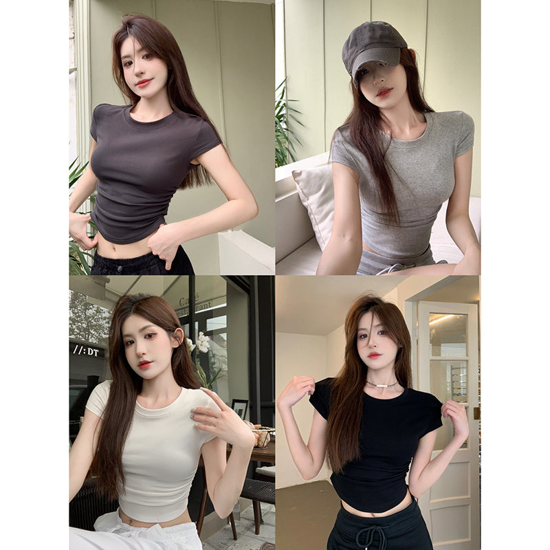 Sexy White Irregular Crew Neck Shoulder Short-Sleeved T-shirt Women's Summer Close-Fitting and Slim-Fitting Short Crop Top Pure Desire Tops